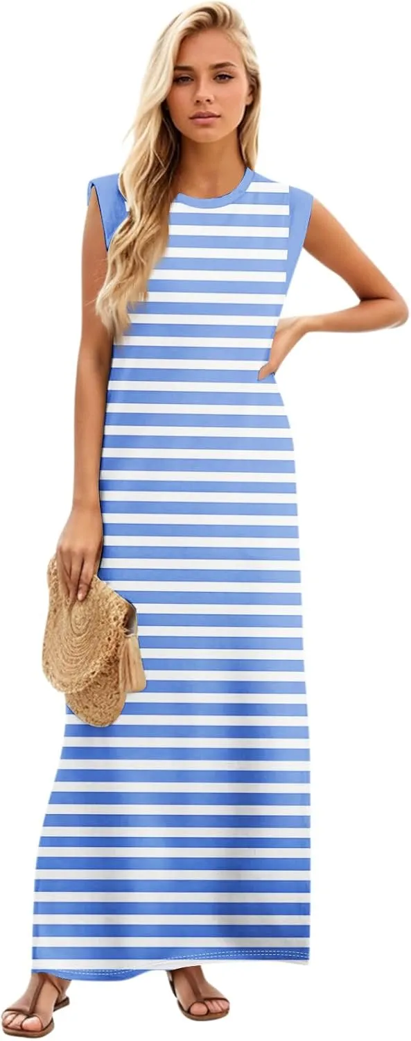 Beach Vacation Clothes for Women 2025 Summer Round Neck Casual Loose Striped Wrinkle-Free Long Maxi Beach Dress
