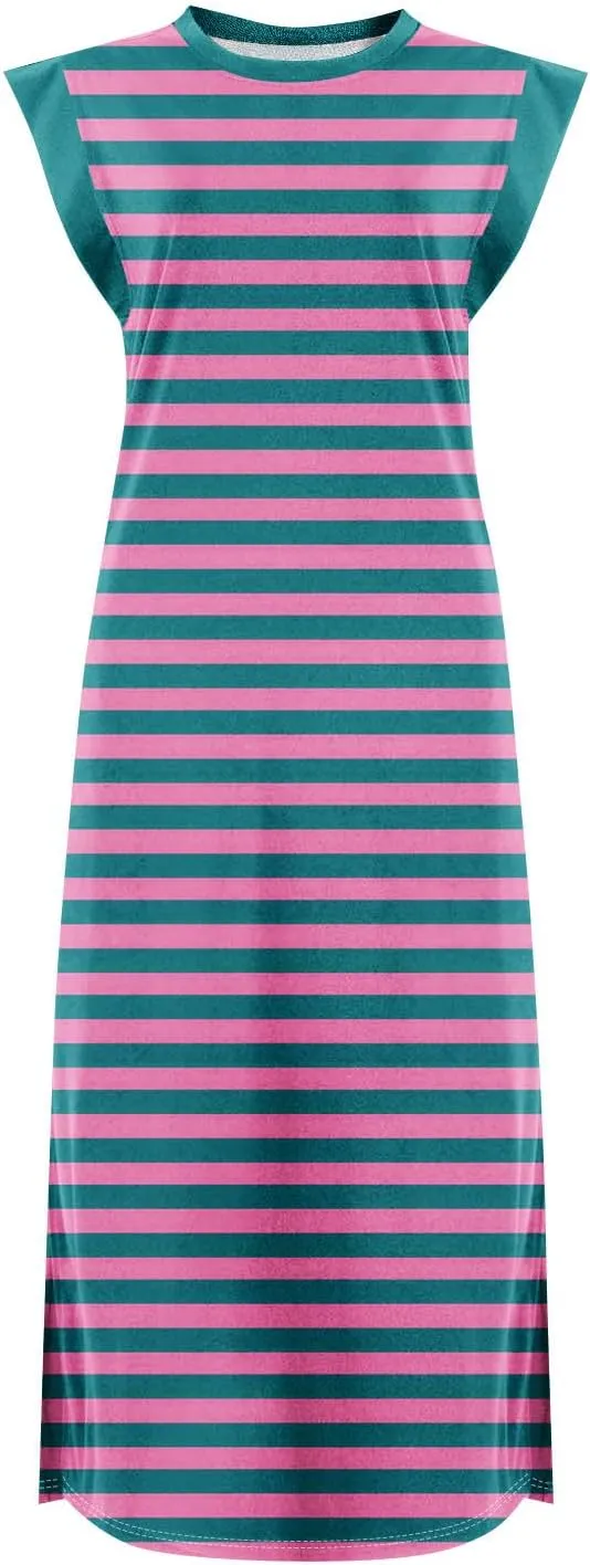 Beach Vacation Clothes for Women 2025 Summer Round Neck Casual Loose Striped Wrinkle-Free Long Maxi Beach Dress