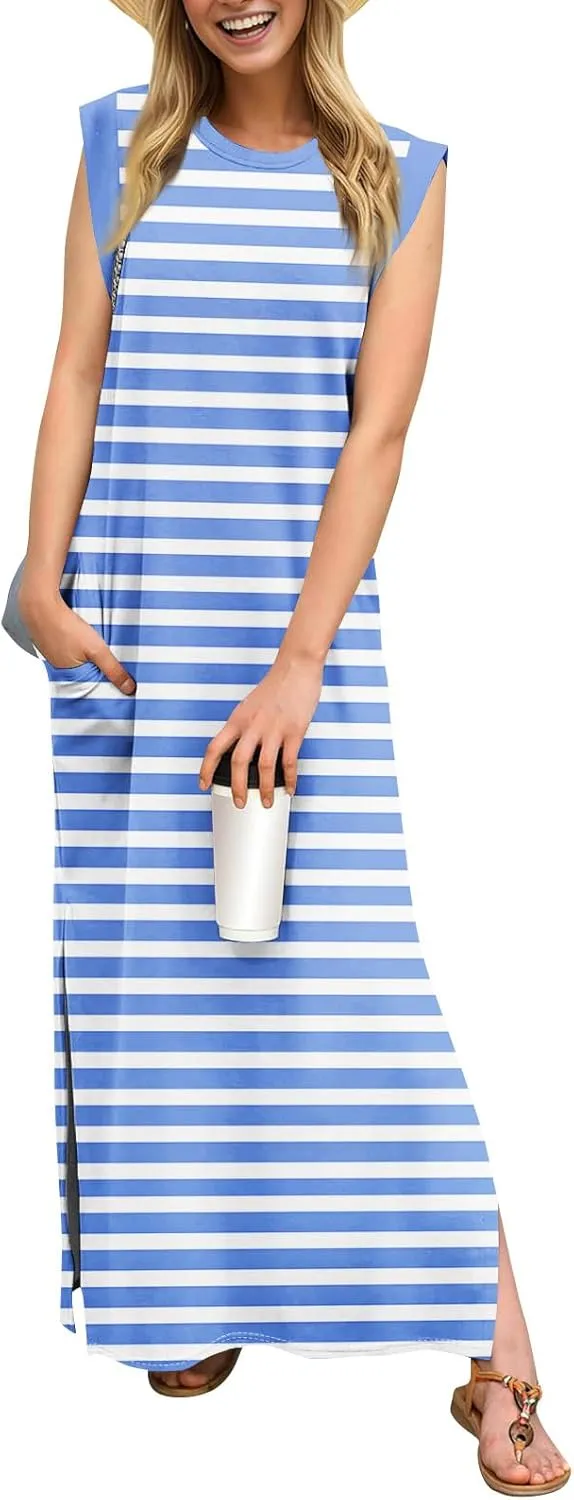 Beach Vacation Clothes for Women 2025 Summer Round Neck Casual Loose Striped Wrinkle-Free Long Maxi Beach Dress