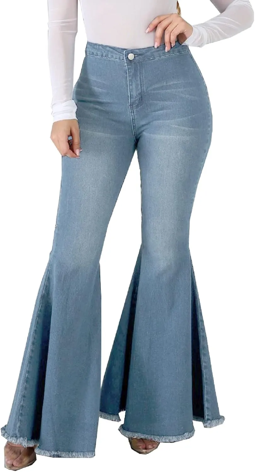 Bell Bottom Jeans for Women High Waisted Stretch Ripped Skinny Hole Classic Raw Hem Denim Flare Pants