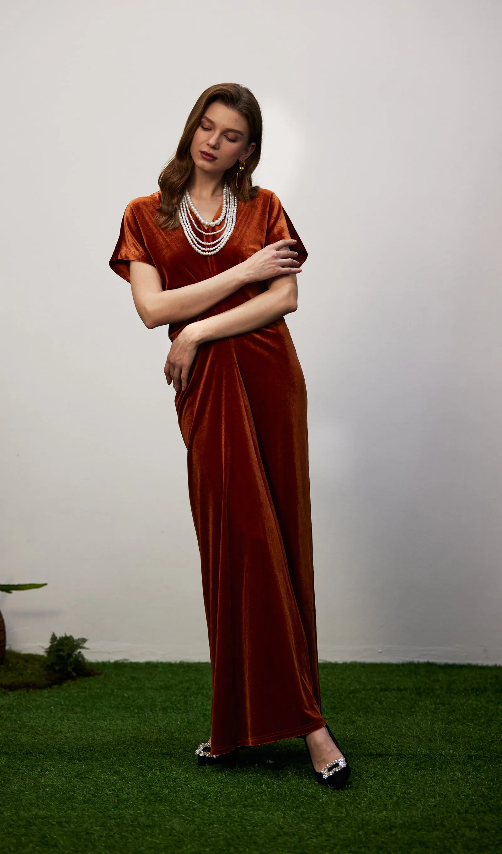 Bias-Cut Velvet Maxi Dress-Copper