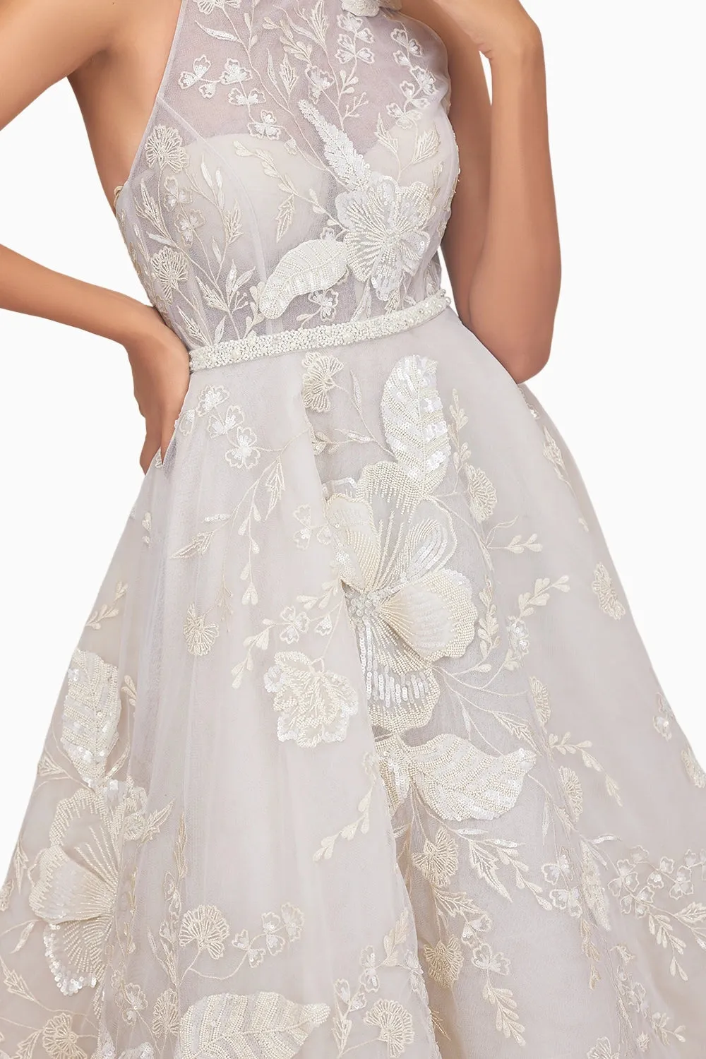 Big Beaded Floral Midi Dress with Belt
