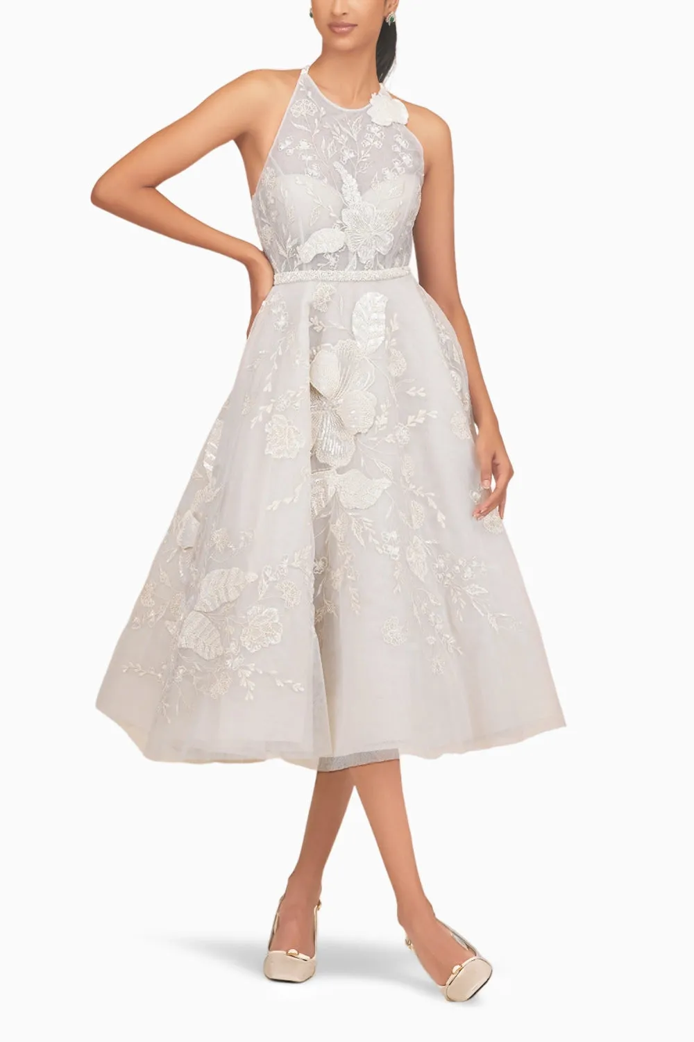 Big Beaded Floral Midi Dress with Belt