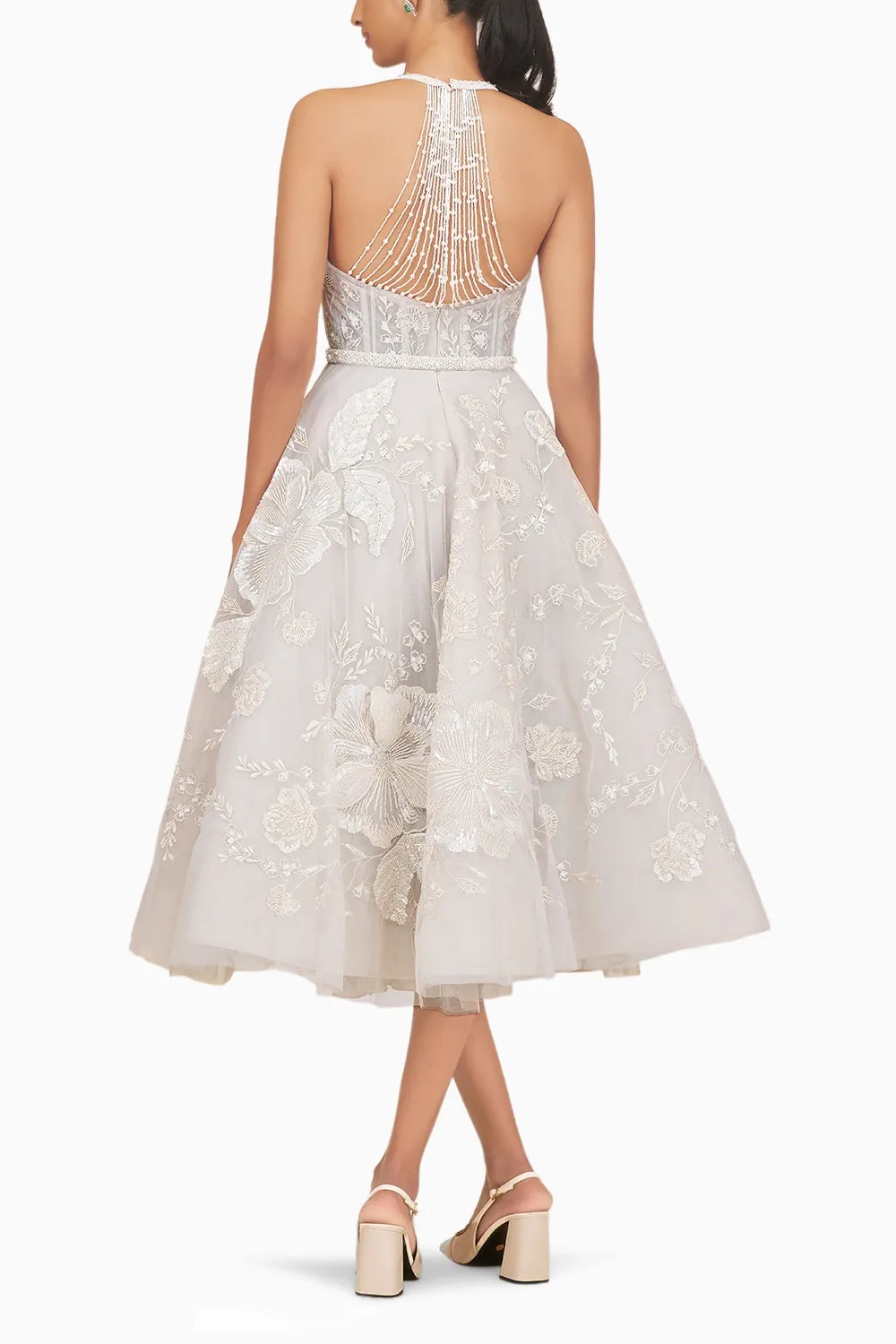 Big Beaded Floral Midi Dress with Belt