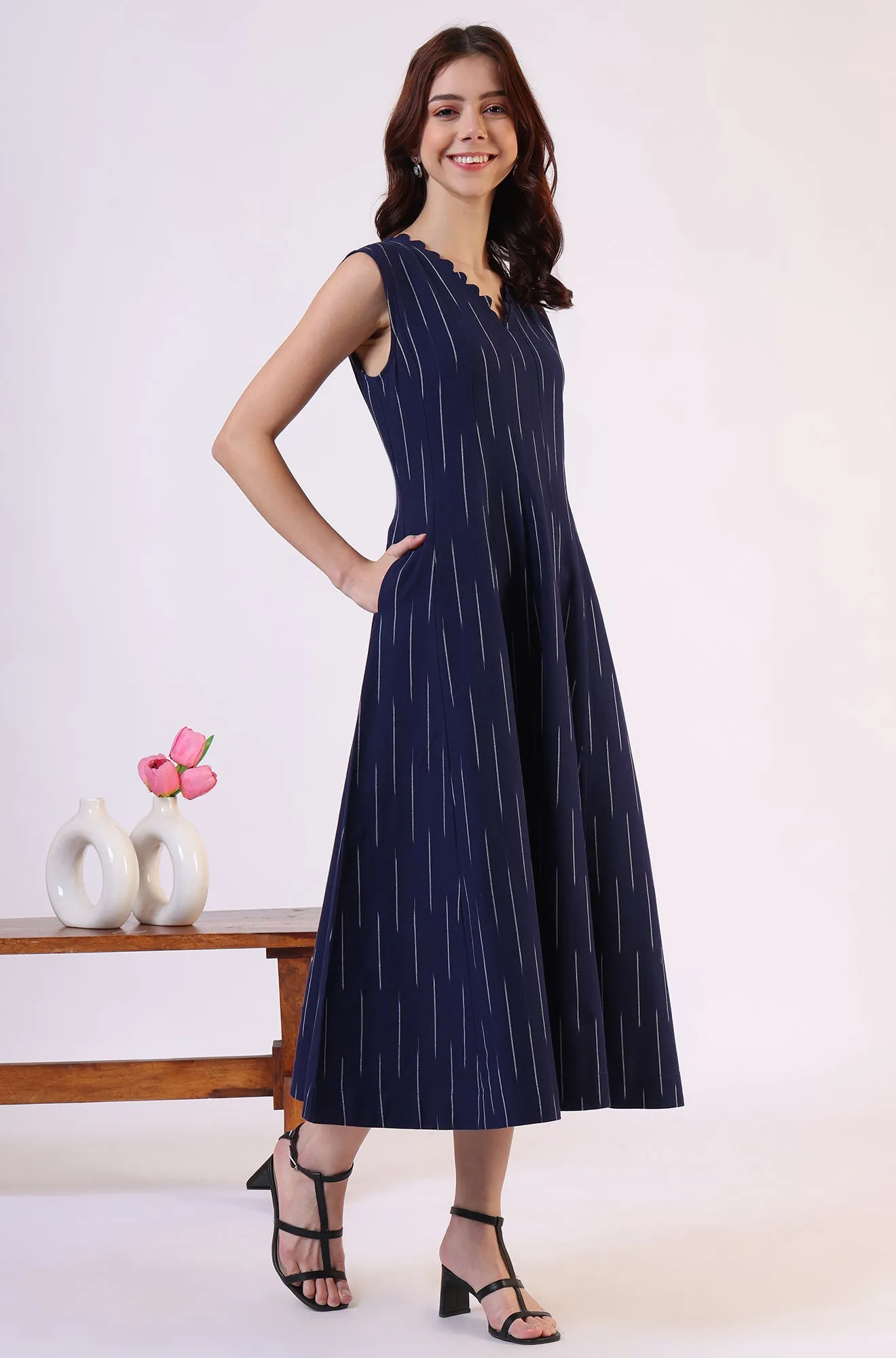 Blue Dyed Flared Pure Cotton Dress