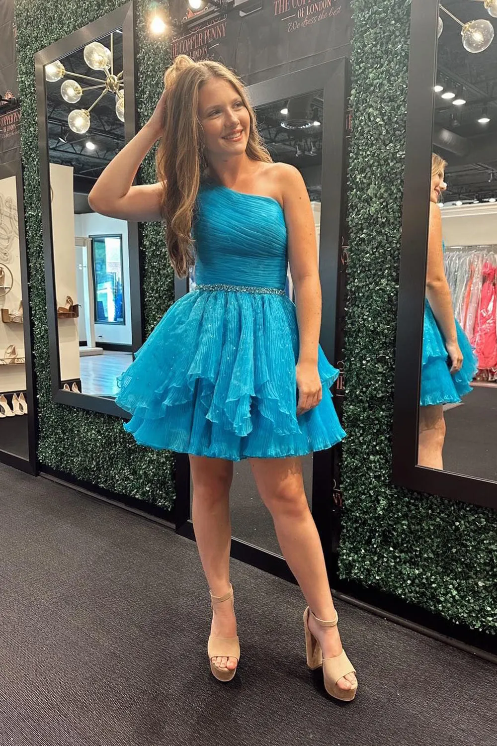 Blue Organza One Shoulder A-Line Short Homecoming Dress VK24090602