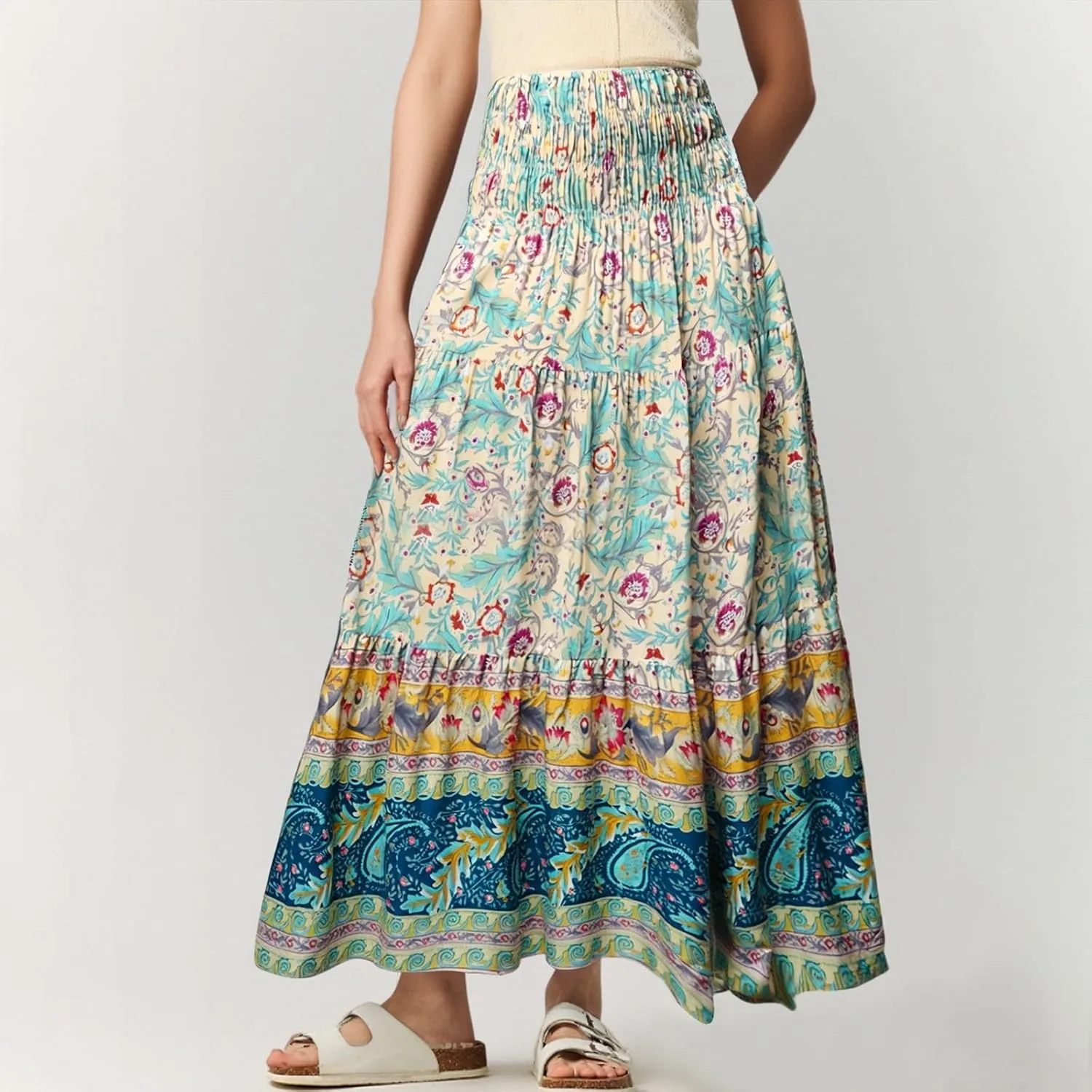 Boho Maxi Skirt for Women 2025 Casual Smocked High Waisted Long Flowy Skirts Plus Size A line Tiered Summer Skirt