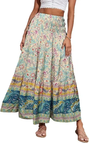 Boho Maxi Skirt for Women 2025 Casual Smocked High Waisted Long Flowy Skirts Plus Size A line Tiered Summer Skirt