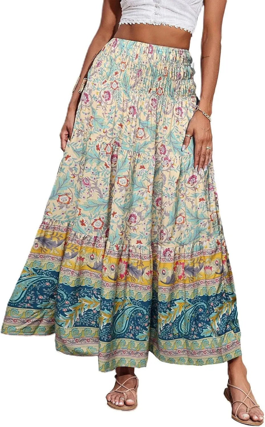 Boho Maxi Skirt for Women 2025 Casual Smocked High Waisted Long Flowy Skirts Plus Size A line Tiered Summer Skirt