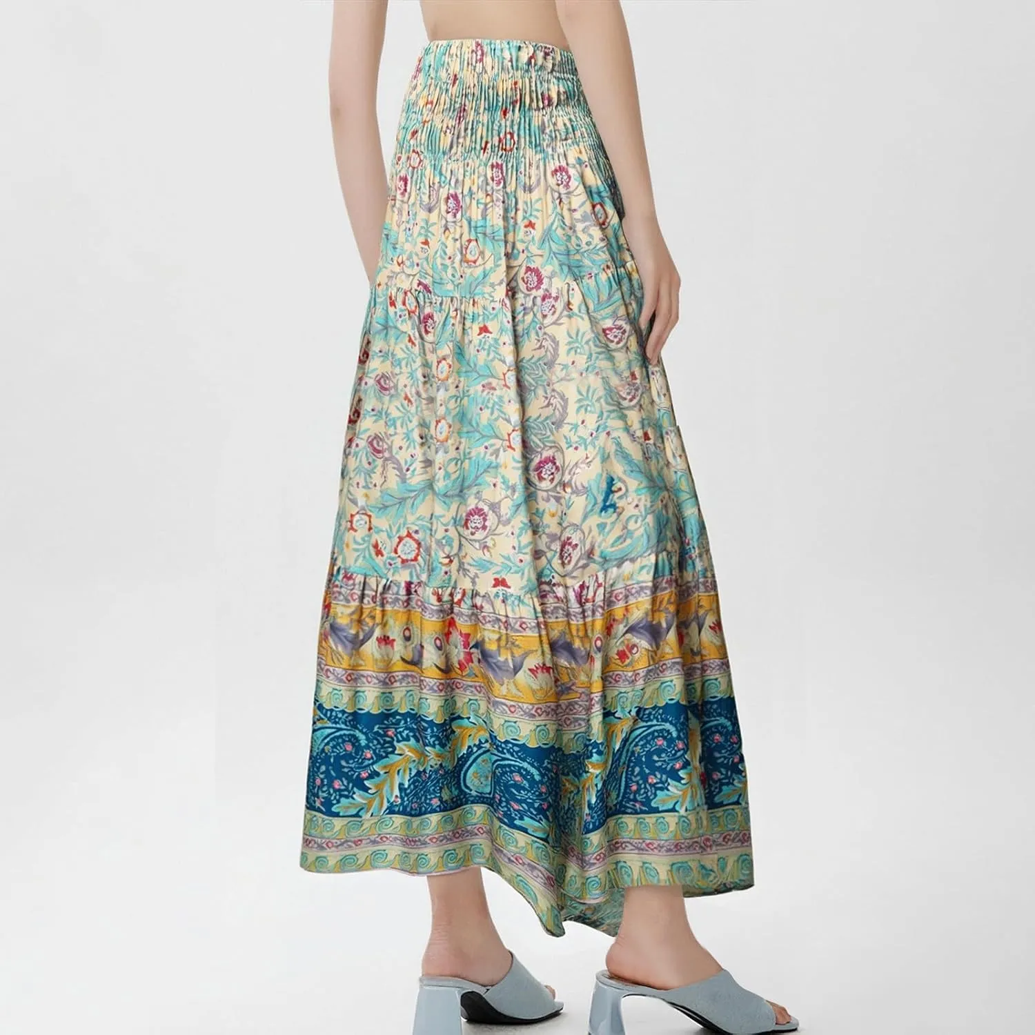 Boho Maxi Skirt for Women 2025 Casual Smocked High Waisted Long Flowy Skirts Plus Size A line Tiered Summer Skirt