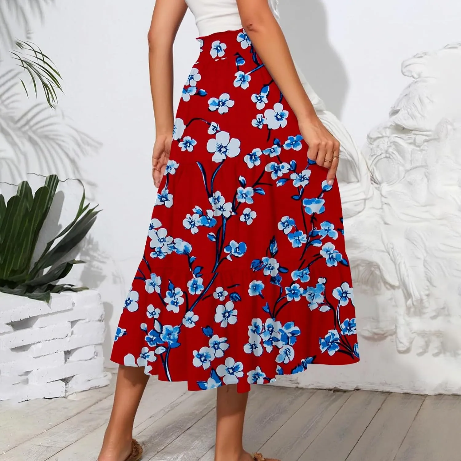 Boho Maxi Skirt for Women High Waist Flowy A-Line Long Skirt for Beach Vacation
