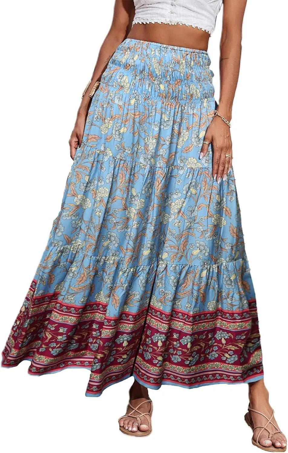 Boho Maxi Skirts for Women 2025 Floral Pleated High Waisted Long Flowy Skirt Elastic A Line Beach Vacation Summer Skirts