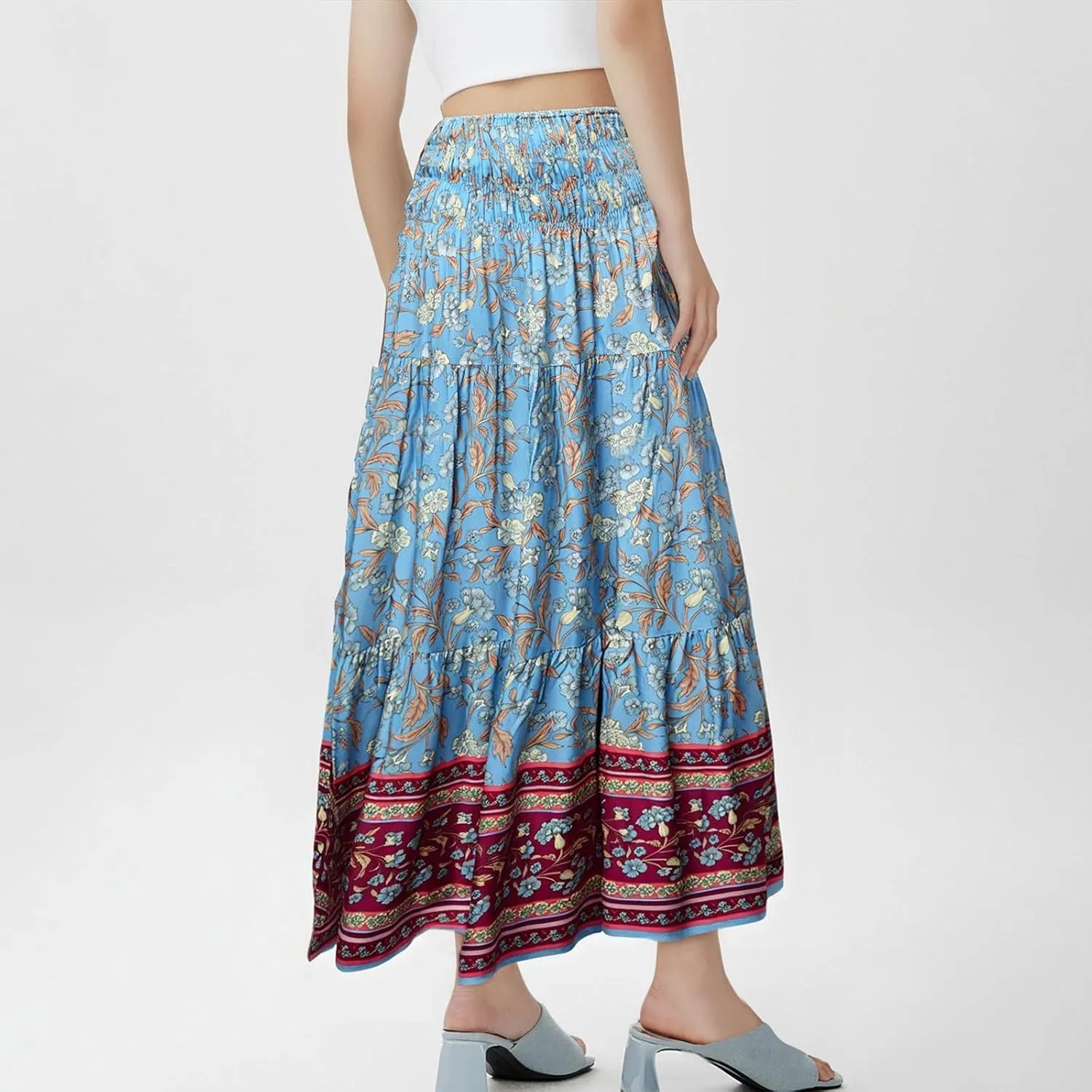 Boho Maxi Skirts for Women 2025 Floral Pleated High Waisted Long Flowy Skirt Elastic A Line Beach Vacation Summer Skirts