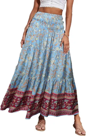 Boho Maxi Skirts for Women 2025 Floral Pleated High Waisted Long Flowy Skirt Elastic A Line Beach Vacation Summer Skirts