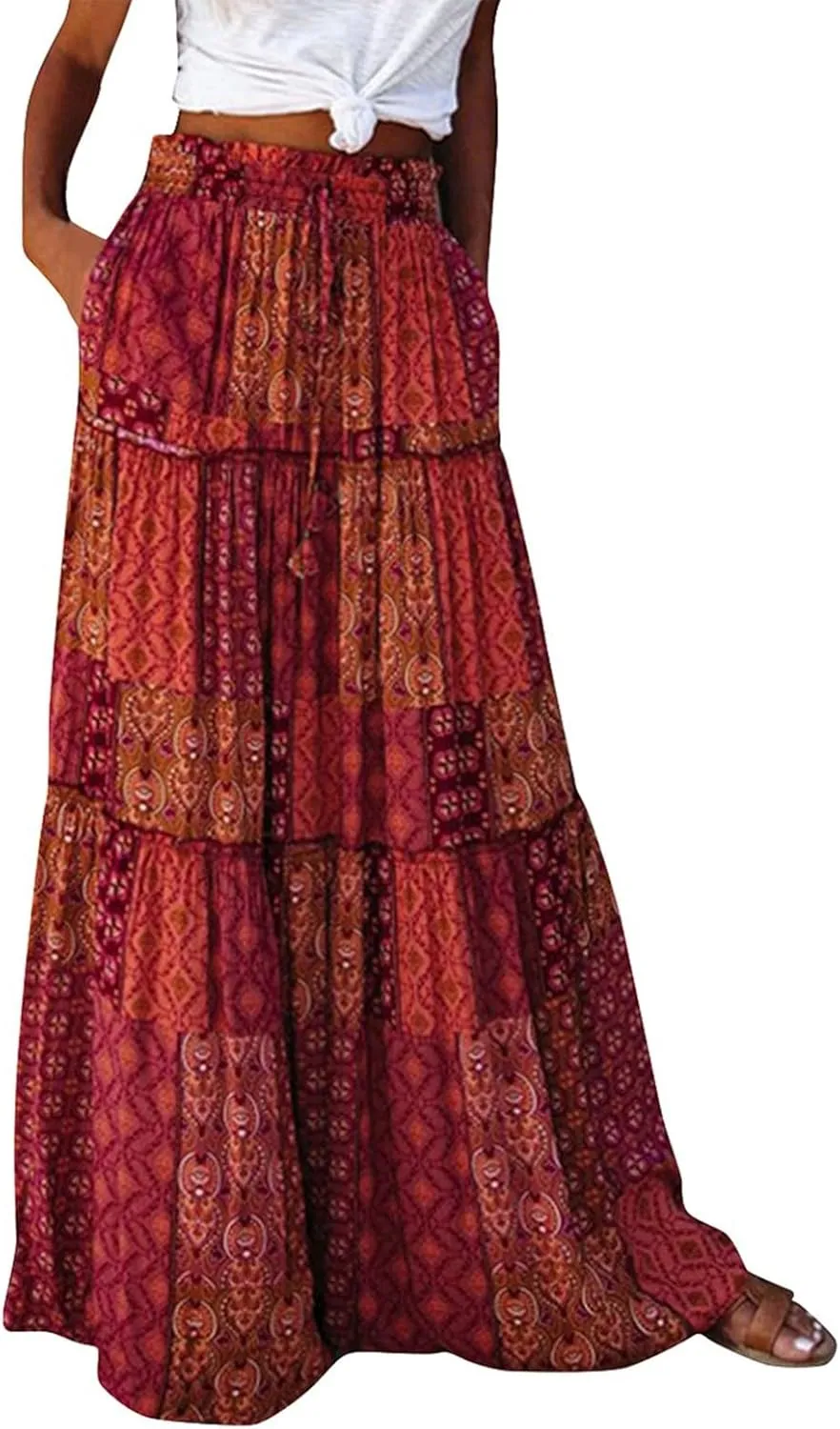 Boho Maxi Skirts for Women 2025 Ruffle Tiered Pleated Long Flowy Skirts Elastic High Waisted Swing Summer Beach Skirt