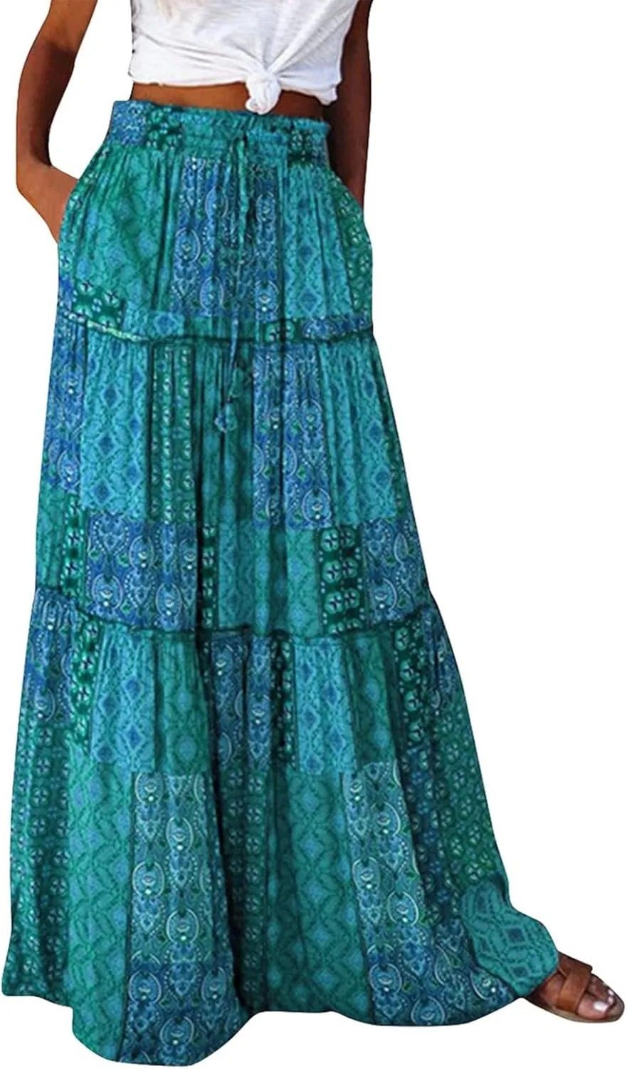 Boho Maxi Skirts for Women 2025 Ruffle Tiered Pleated Long Flowy Skirts Elastic High Waisted Swing Summer Beach Skirt