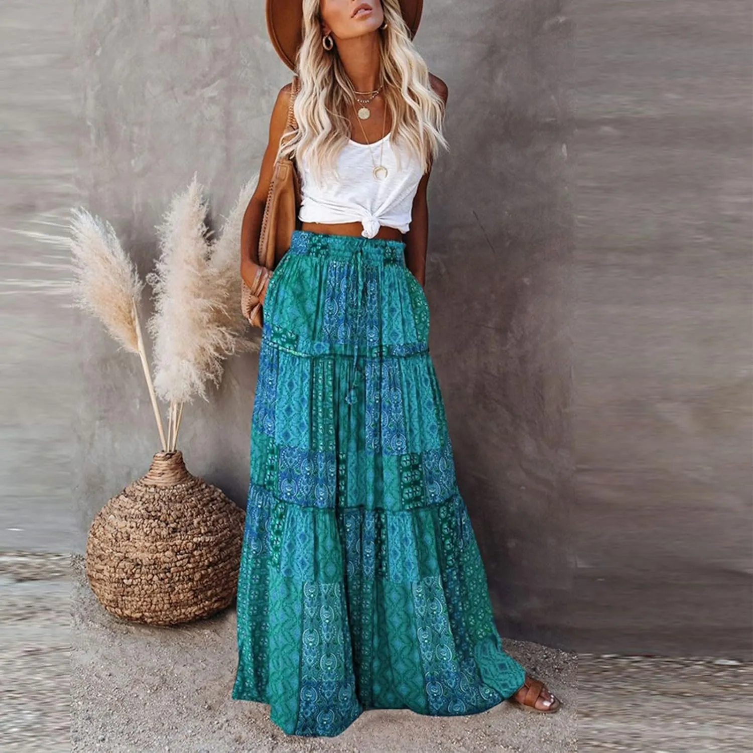 Boho Maxi Skirts for Women 2025 Ruffle Tiered Pleated Long Flowy Skirts Elastic High Waisted Swing Summer Beach Skirt