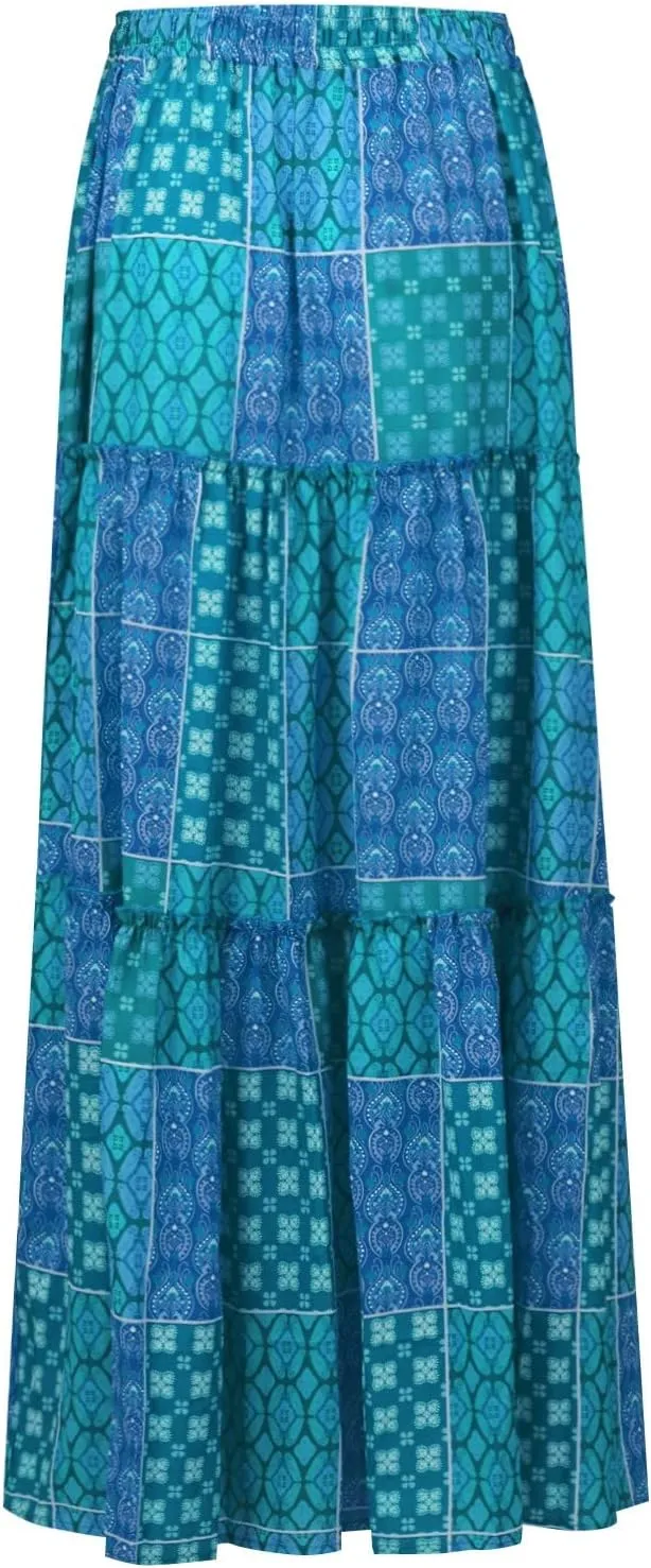 Boho Maxi Skirts for Women 2025 Ruffle Tiered Pleated Long Flowy Skirts Elastic High Waisted Swing Summer Beach Skirt