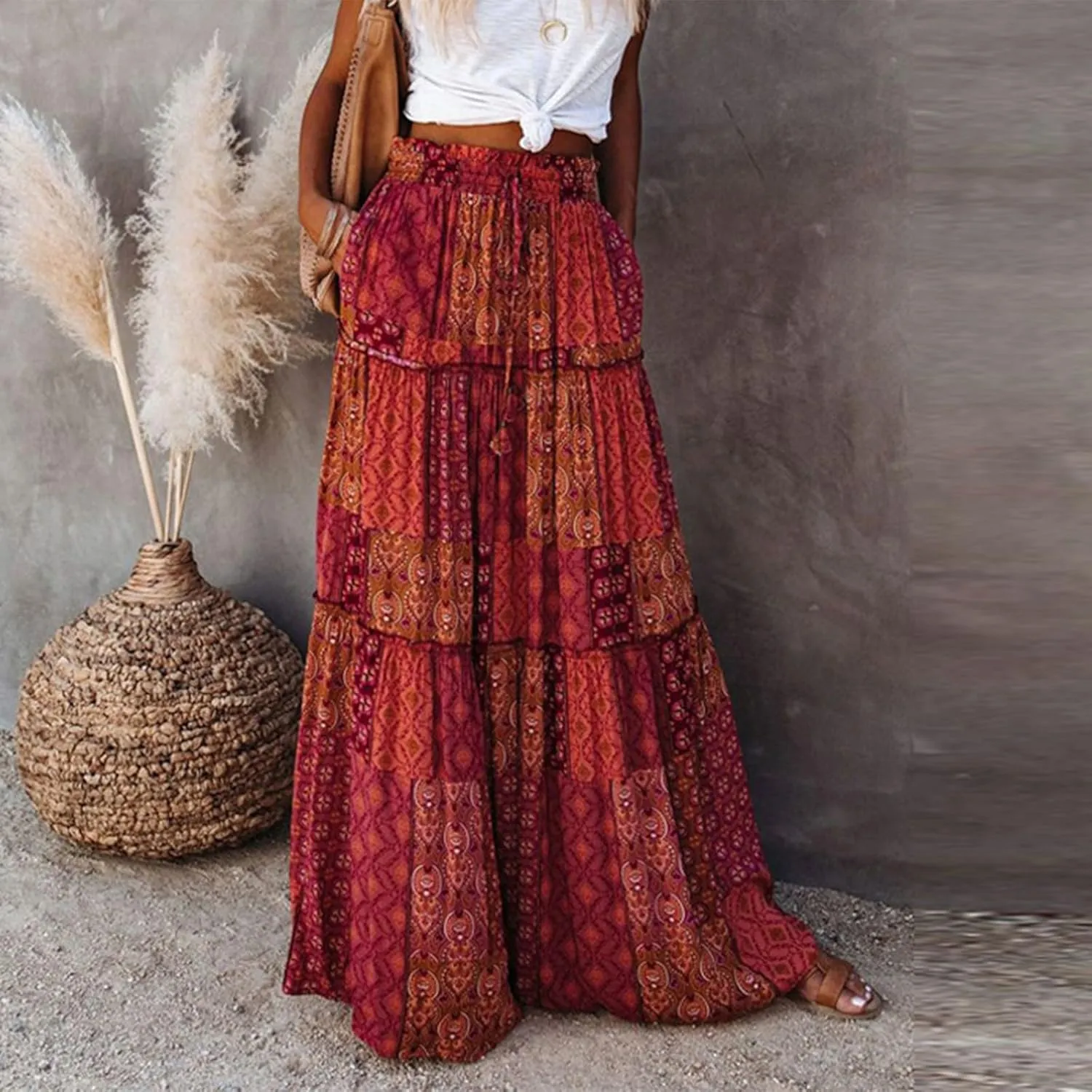 Boho Maxi Skirts for Women 2025 Ruffle Tiered Pleated Long Flowy Skirts Elastic High Waisted Swing Summer Beach Skirt