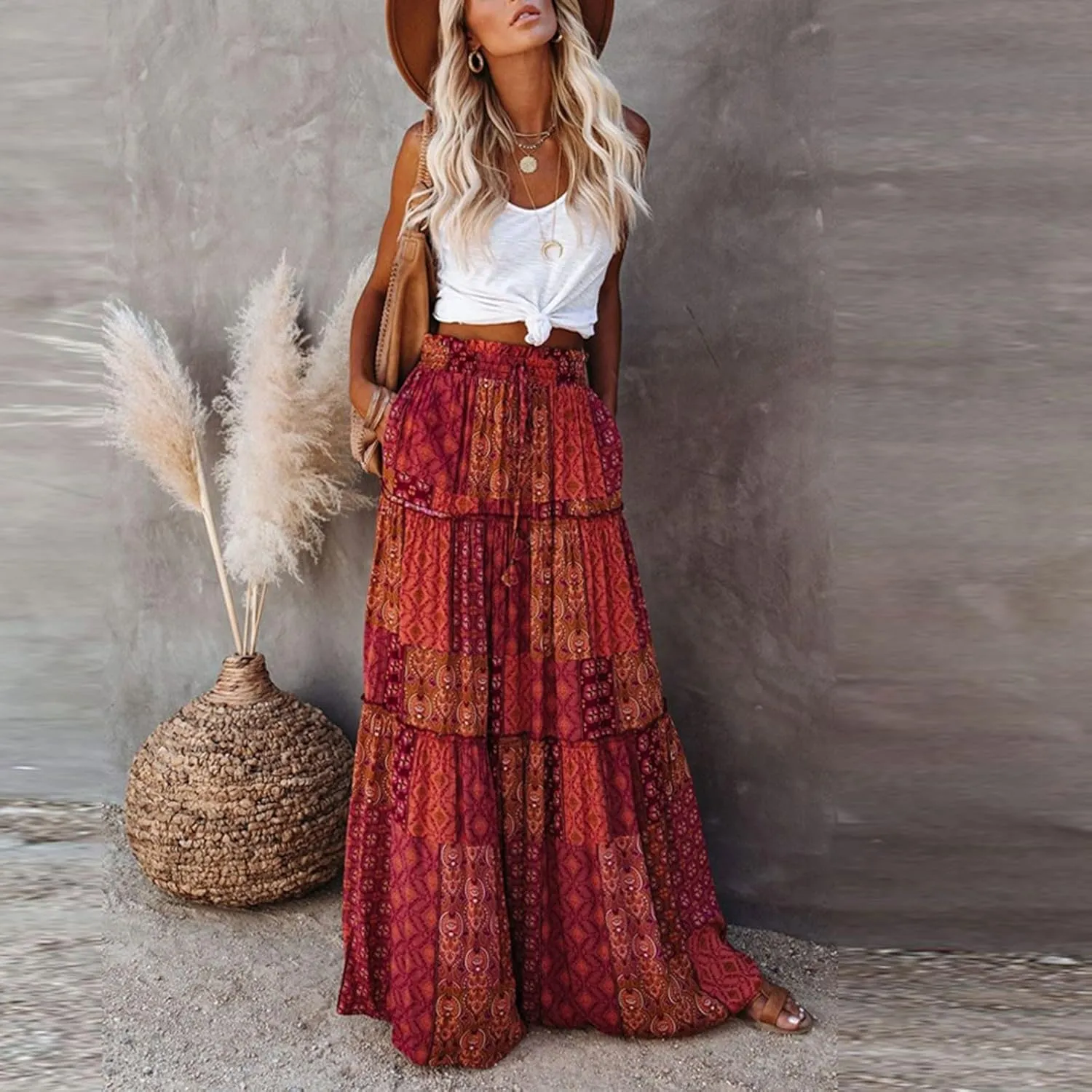 Boho Maxi Skirts for Women 2025 Ruffle Tiered Pleated Long Flowy Skirts Elastic High Waisted Swing Summer Beach Skirt