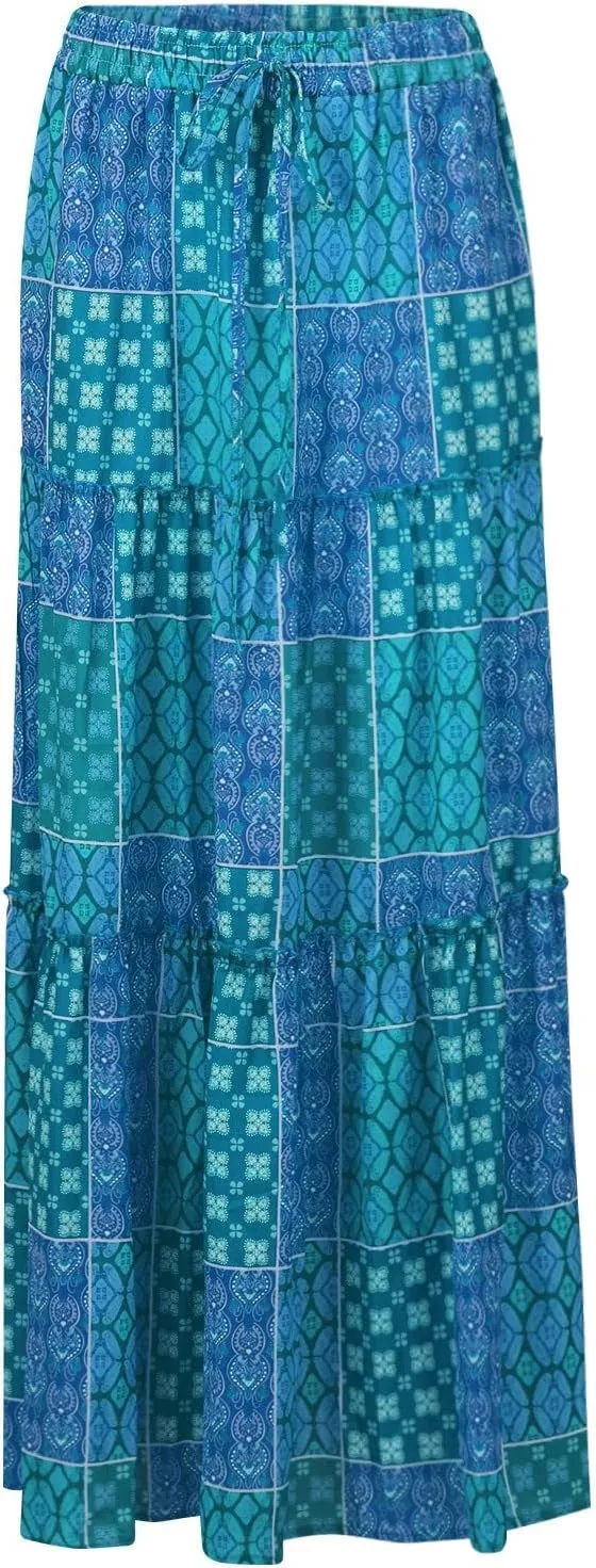 Boho Maxi Skirts for Women 2025 Ruffle Tiered Pleated Long Flowy Skirts Elastic High Waisted Swing Summer Beach Skirt