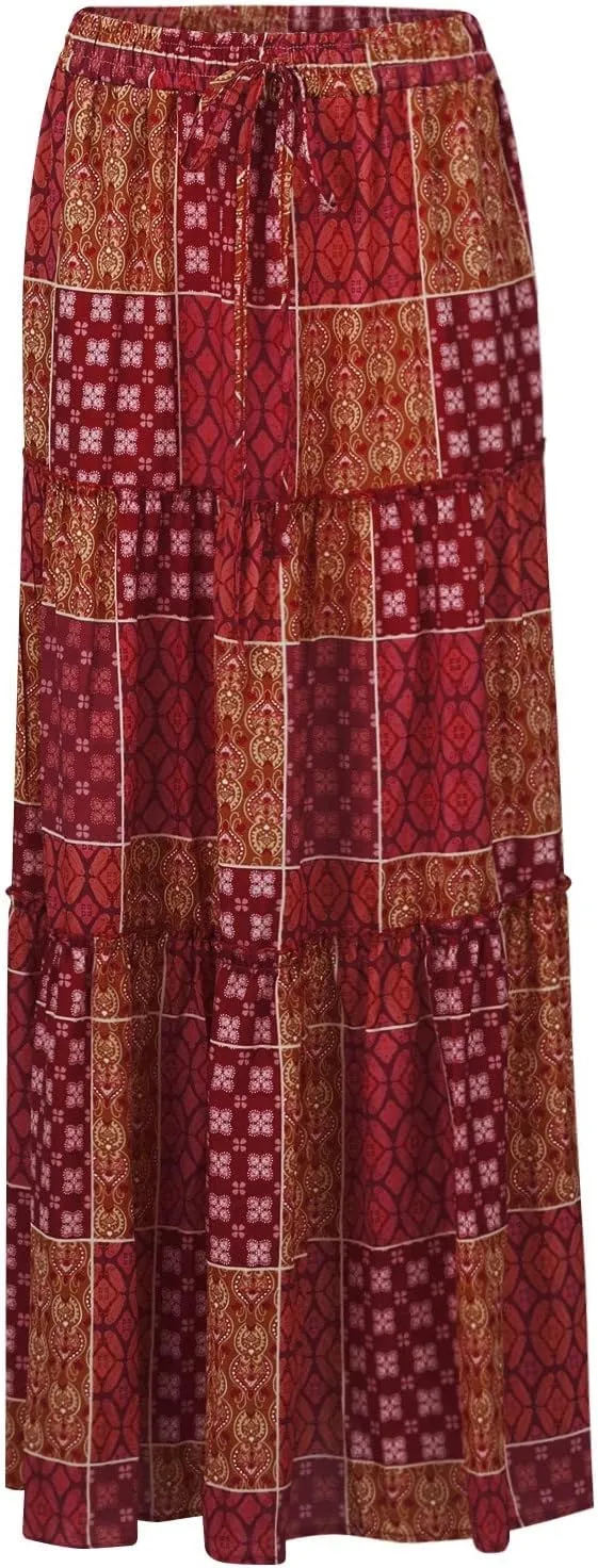 Boho Maxi Skirts for Women 2025 Ruffle Tiered Pleated Long Flowy Skirts Elastic High Waisted Swing Summer Beach Skirt