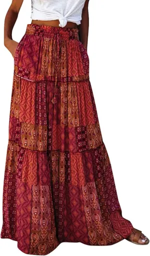 Boho Maxi Skirts for Women 2025 Ruffle Tiered Pleated Long Flowy Skirts Elastic High Waisted Swing Summer Beach Skirt