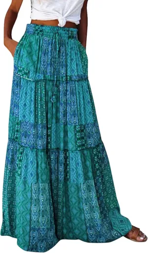 Boho Maxi Skirts for Women 2025 Ruffle Tiered Pleated Long Flowy Skirts Elastic High Waisted Swing Summer Beach Skirt