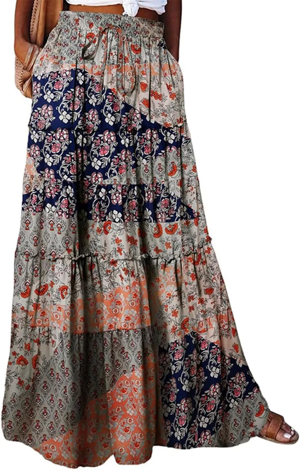 Boho Maxi Skirts for Women 2025 Summer Floral Flowy High Waisted Plus Size A Line Tiered Long Skirt with Pockets
