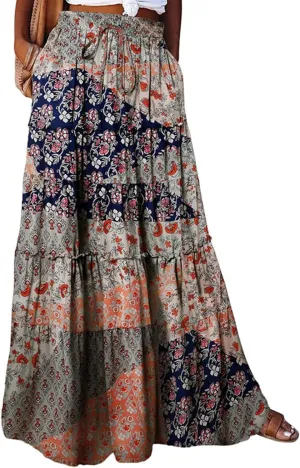 Boho Maxi Skirts for Women 2025 Summer Floral Flowy High Waisted Plus Size A Line Tiered Long Skirt with Pockets