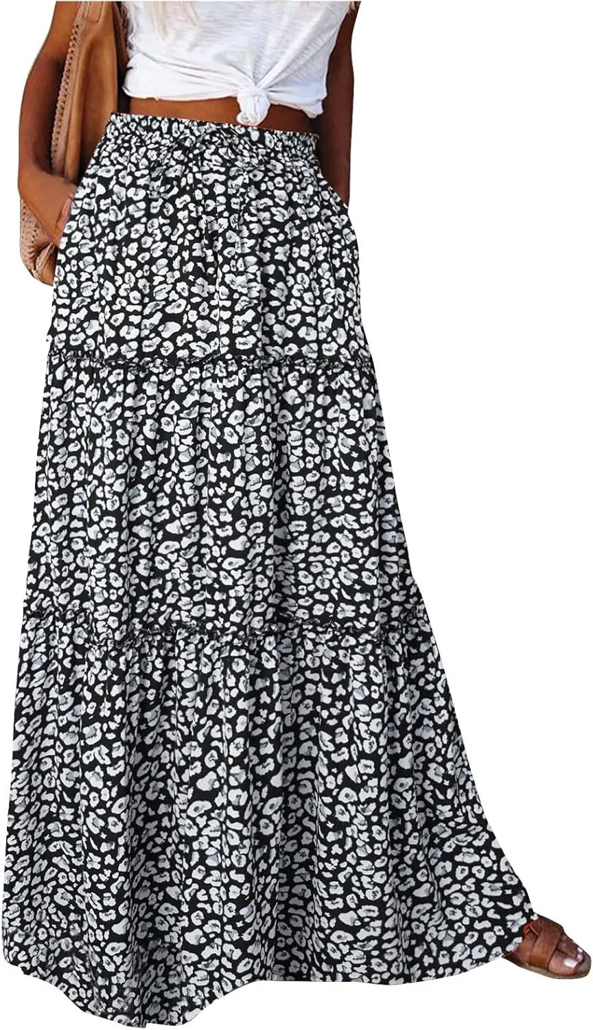 Boho Maxi Skirts for Women 2025 Summer Floral Flowy High Waisted Plus Size A Line Tiered Long Skirt with Pockets