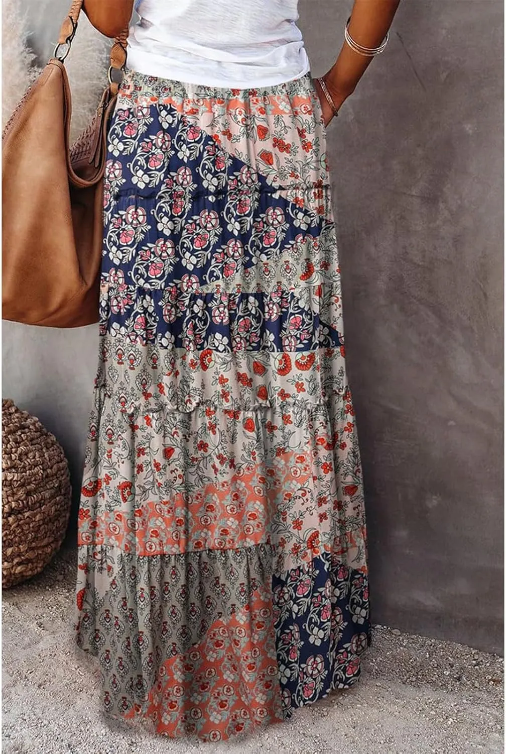 Boho Maxi Skirts for Women 2025 Summer Floral Flowy High Waisted Plus Size A Line Tiered Long Skirt with Pockets
