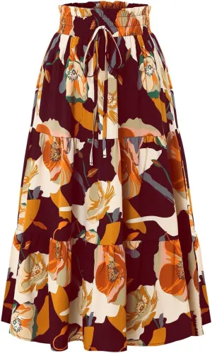 Boho Maxi Skirts for Women Drawstring Waist Tiered Ruffle Long Floral Skirt Bohemian Dressy Casual A Line Flowy Skirt