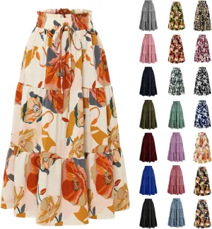 Boho Maxi Skirts for Women Drawstring Waist Tiered Ruffle Long Floral Skirt Bohemian Dressy Casual A Line Flowy Skirt