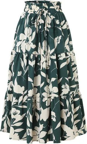Boho Maxi Skirts for Women Drawstring Waist Tiered Ruffle Long Floral Skirt Bohemian Dressy Casual A Line Flowy Skirt