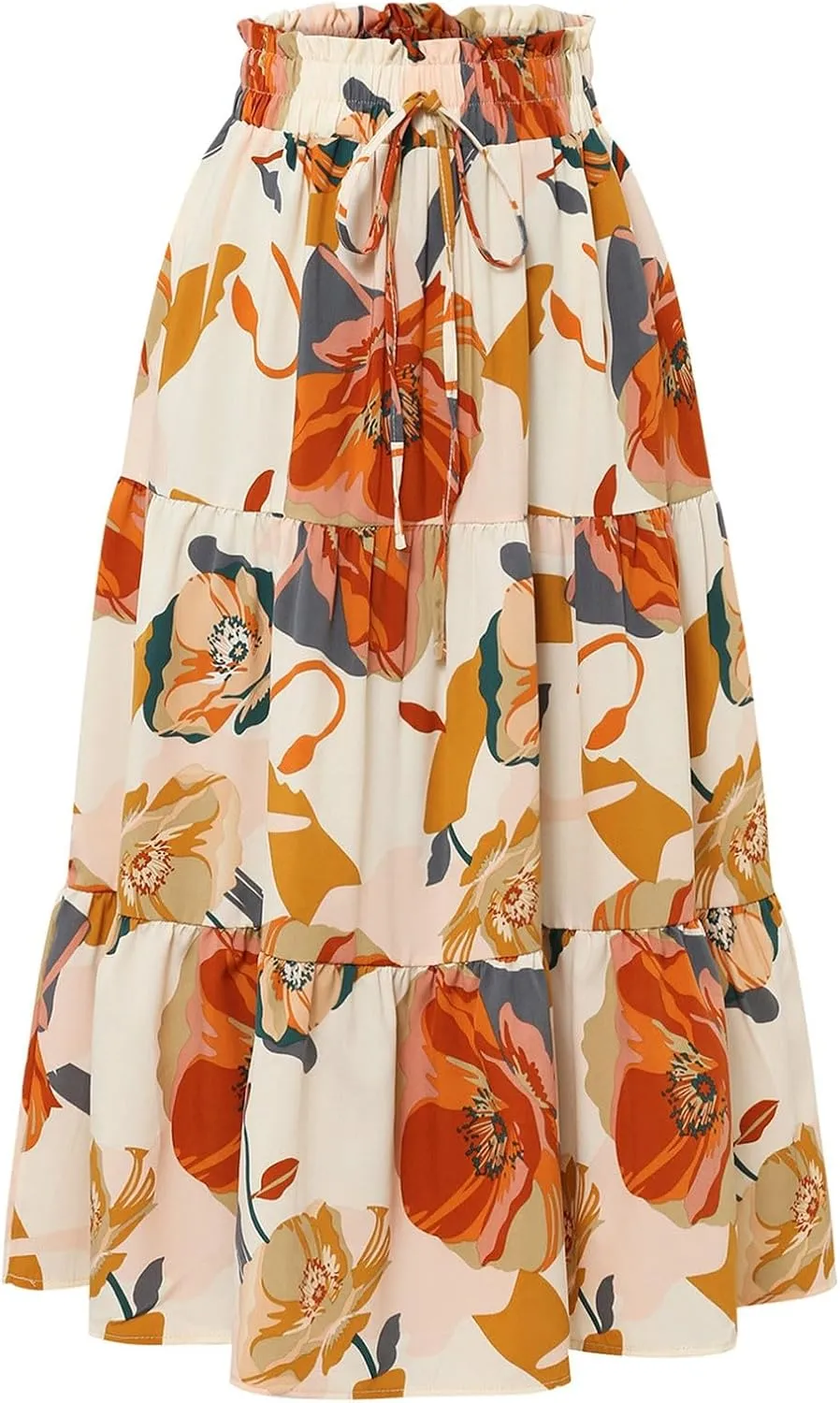Boho Maxi Skirts for Women Drawstring Waist Tiered Ruffle Long Floral Skirt Bohemian Dressy Casual A Line Flowy Skirt