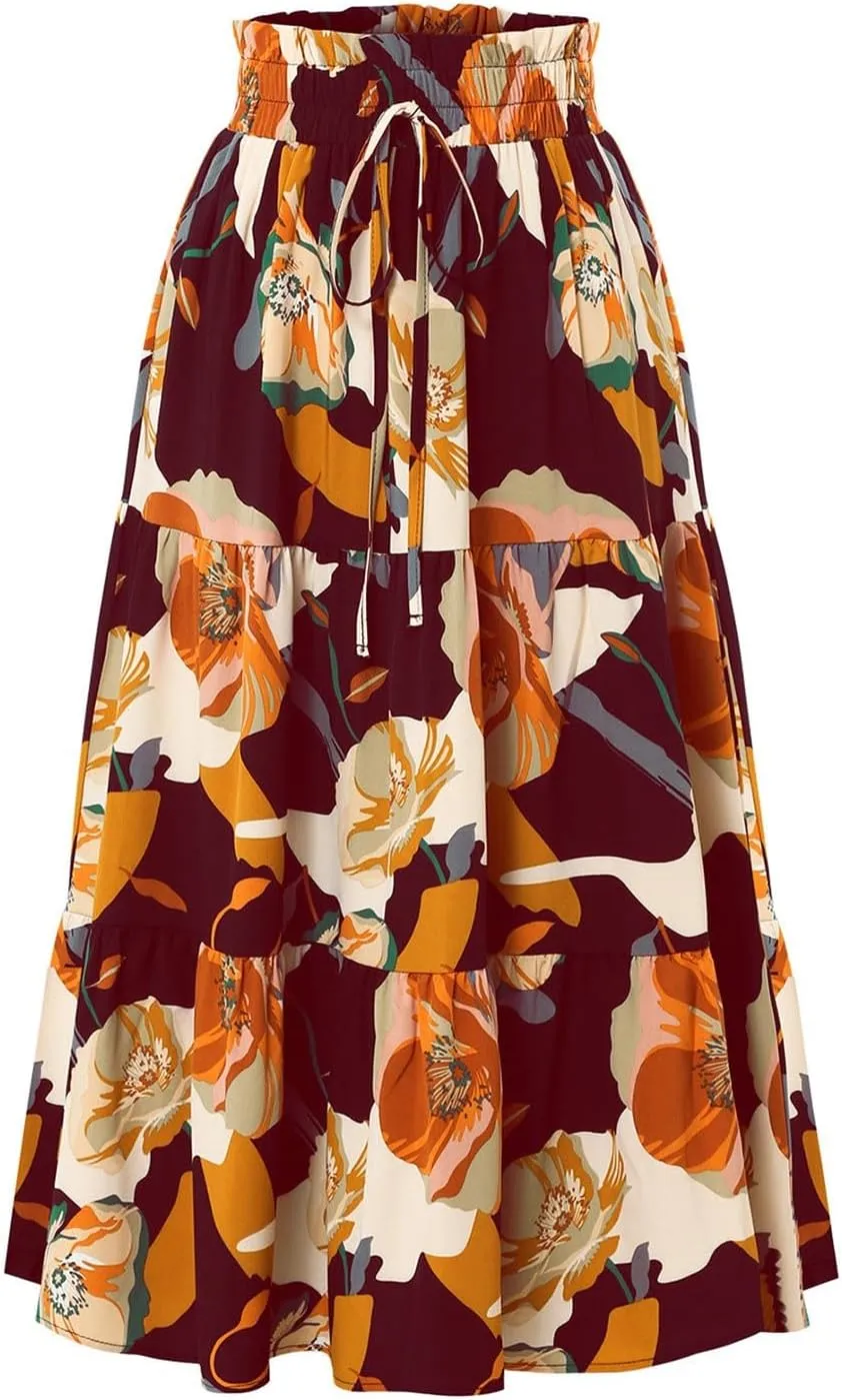 Boho Maxi Skirts for Women Drawstring Waist Tiered Ruffle Long Floral Skirt Bohemian Dressy Casual A Line Flowy Skirt