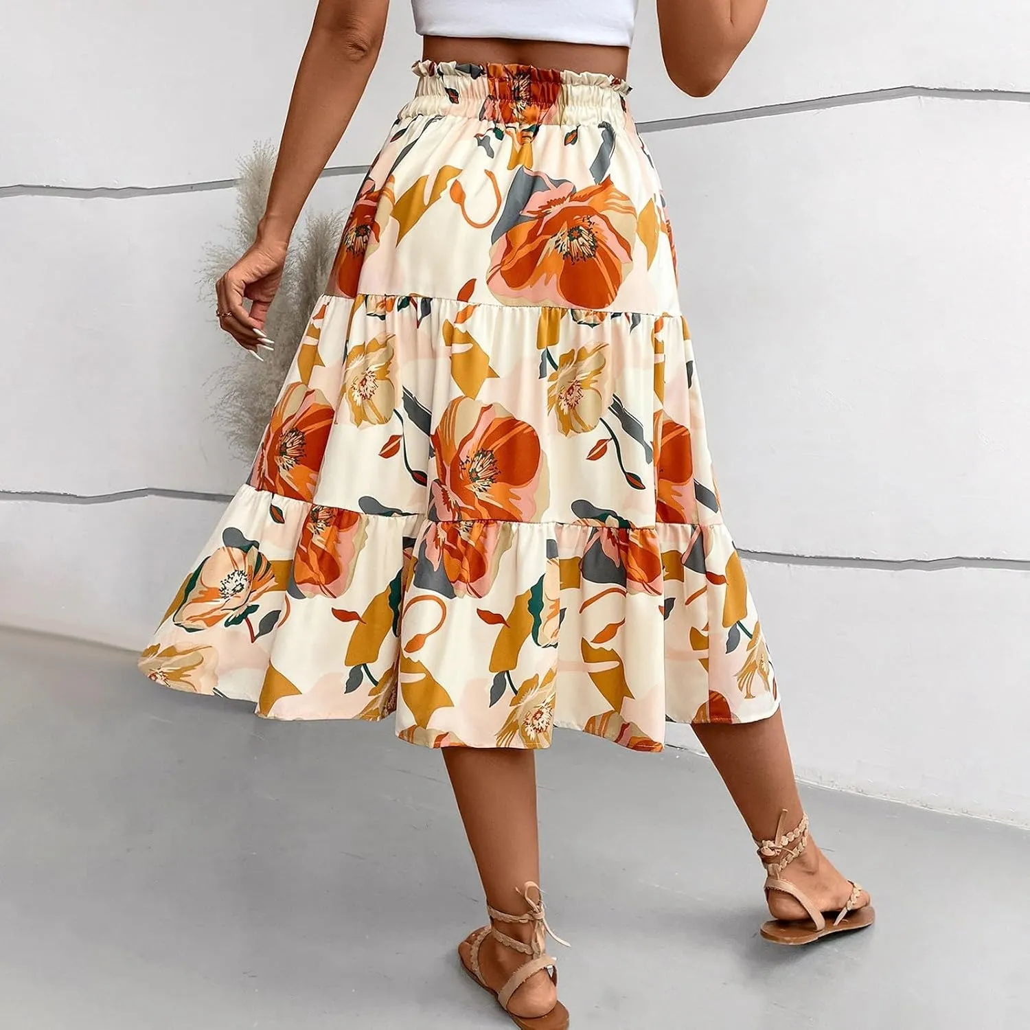 Boho Maxi Skirts for Women Drawstring Waist Tiered Ruffle Long Floral Skirt Bohemian Dressy Casual A Line Flowy Skirt