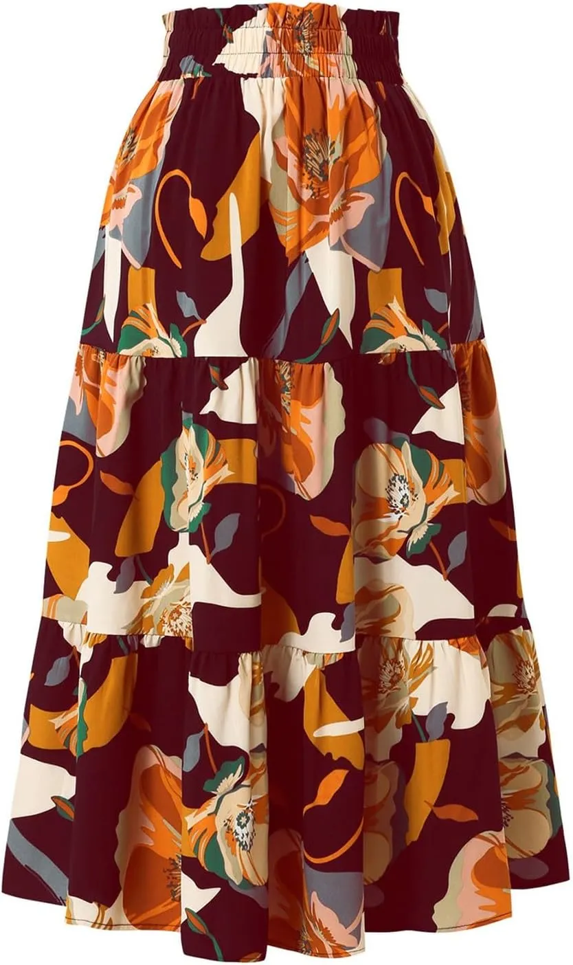 Boho Maxi Skirts for Women Drawstring Waist Tiered Ruffle Long Floral Skirt Bohemian Dressy Casual A Line Flowy Skirt