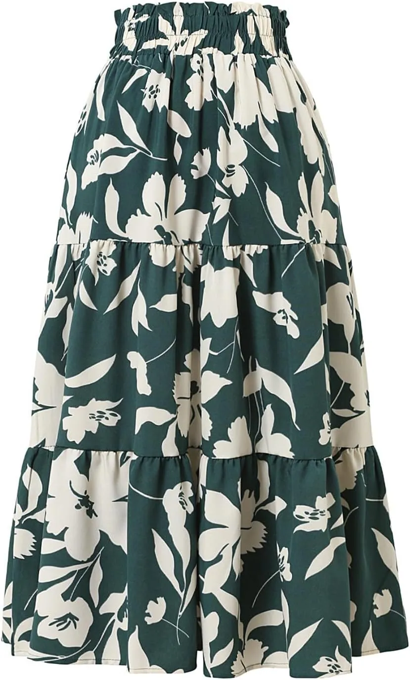 Boho Maxi Skirts for Women Drawstring Waist Tiered Ruffle Long Floral Skirt Bohemian Dressy Casual A Line Flowy Skirt