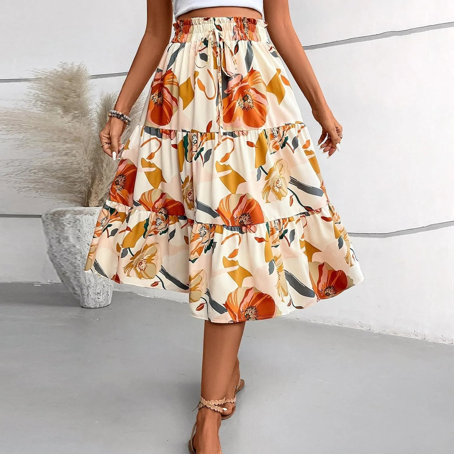 Boho Maxi Skirts for Women Drawstring Waist Tiered Ruffle Long Floral Skirt Bohemian Dressy Casual A Line Flowy Skirt