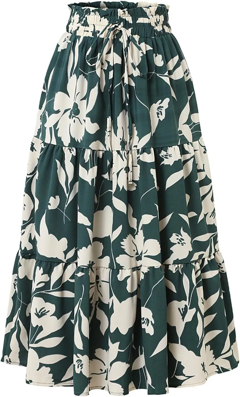 Boho Maxi Skirts for Women Drawstring Waist Tiered Ruffle Long Floral Skirt Bohemian Dressy Casual A Line Flowy Skirt