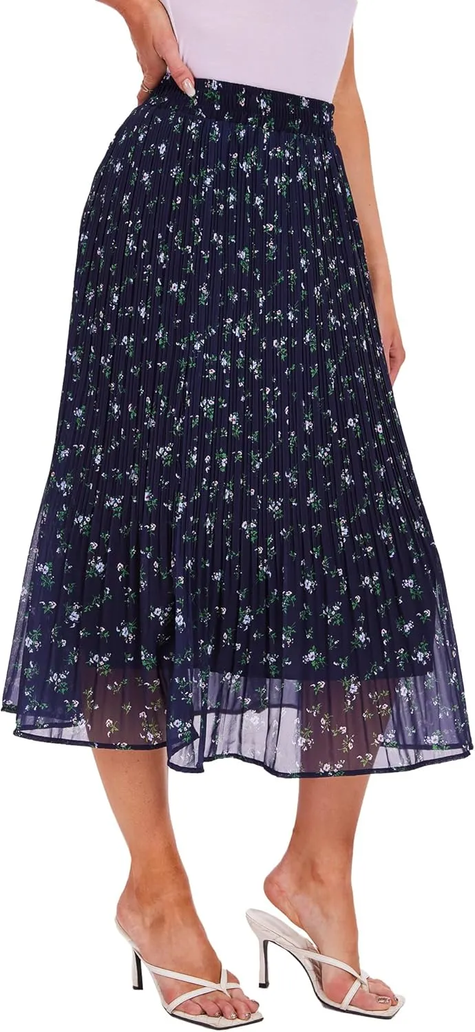 Breezy Lane Womens Midi Skirts for Women Pleated Elastic High Waisted A Line Ruffle Flowy Summer Skirts