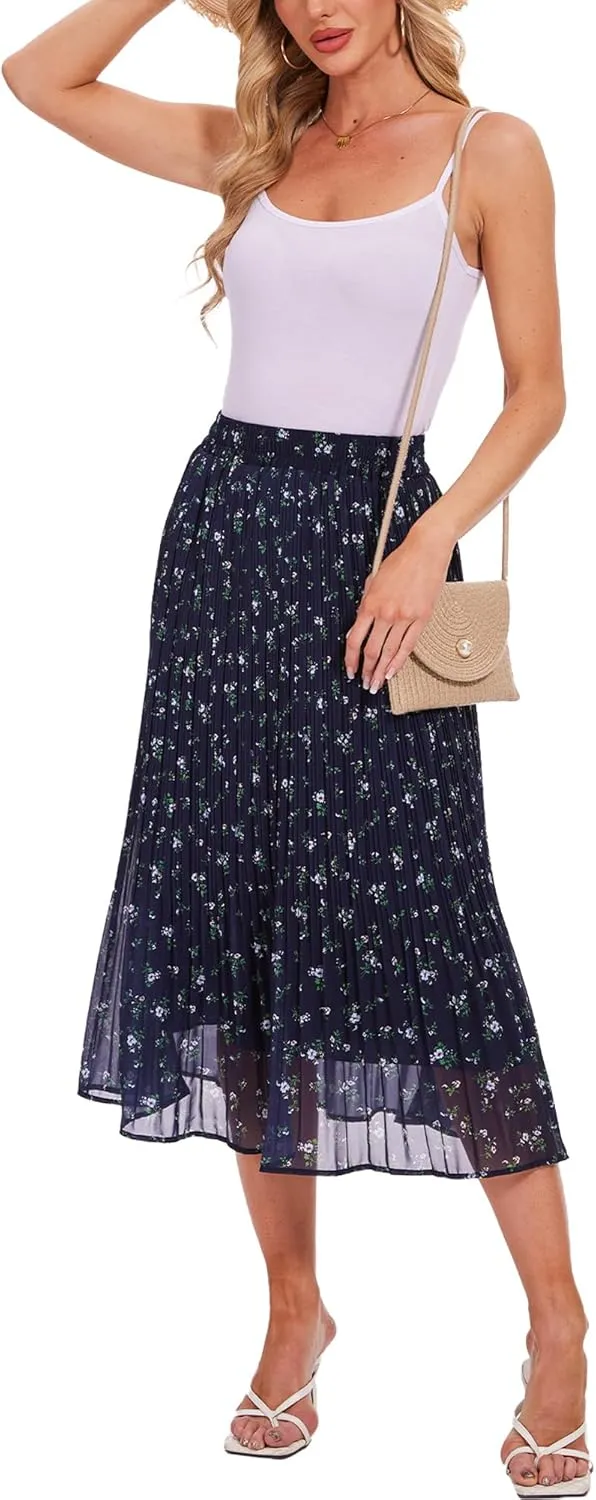 Breezy Lane Womens Midi Skirts for Women Pleated Elastic High Waisted A Line Ruffle Flowy Summer Skirts