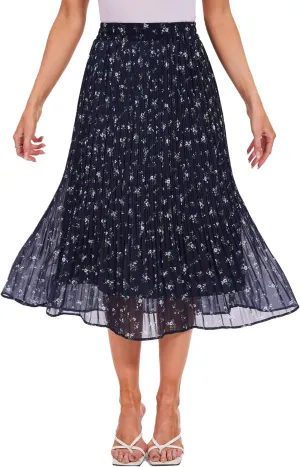 Breezy Lane Womens Midi Skirts for Women Pleated Elastic High Waisted A Line Ruffle Flowy Summer Skirts