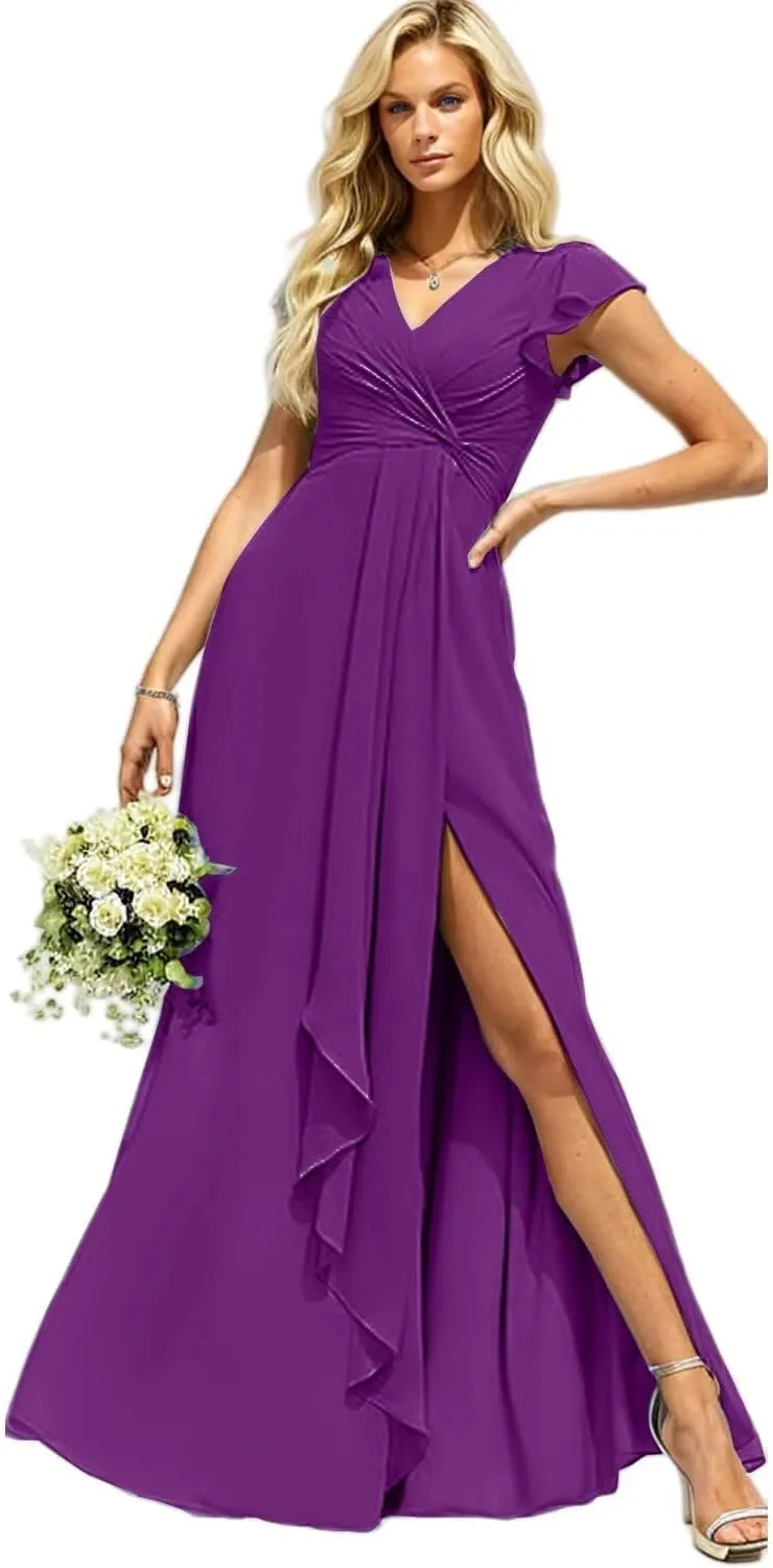 Bridesmaid Dresses for Women with Slit Long A Line Chiffon V Neck Sleeves Bridesmaid Dress for Wedding 2024