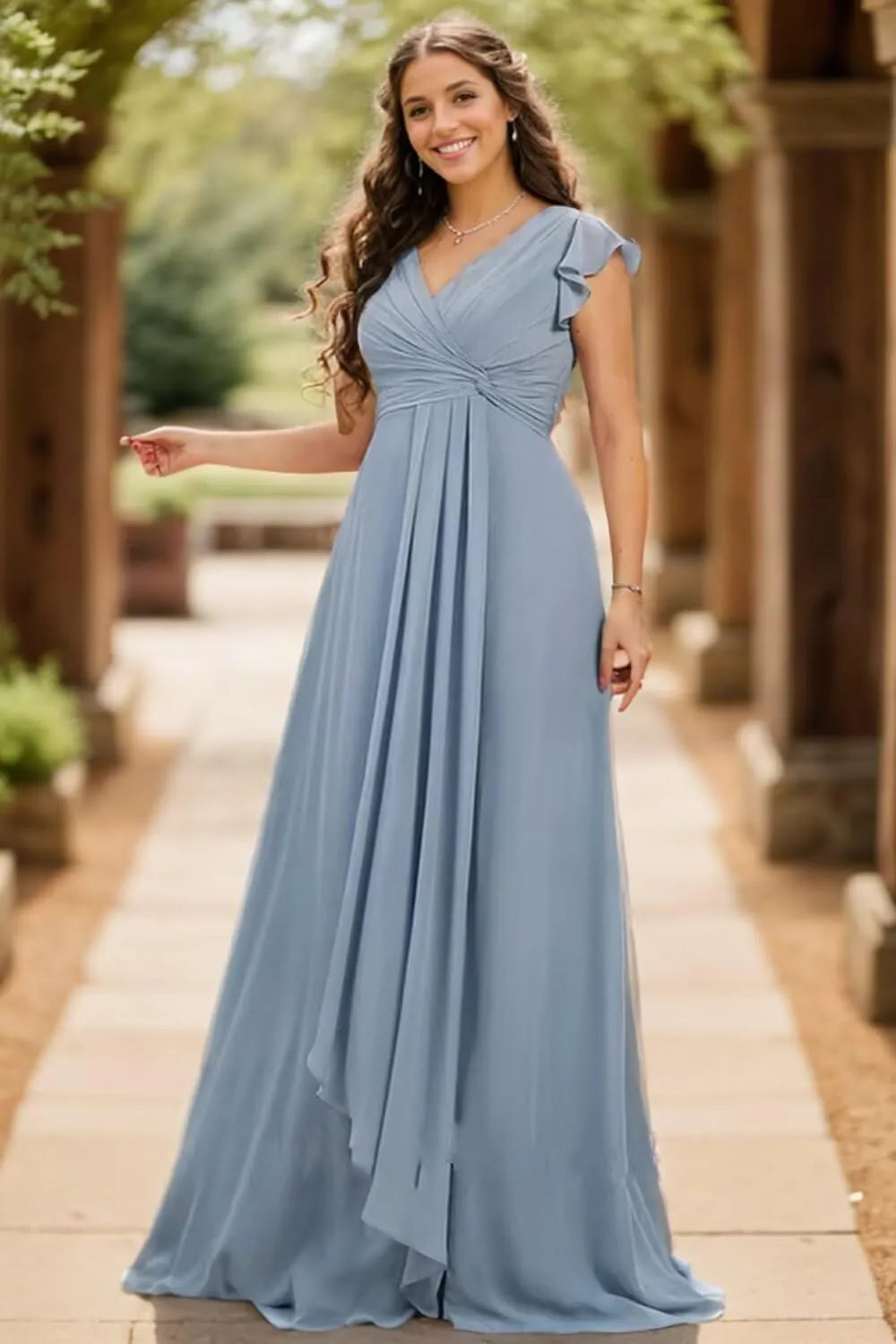 Bridesmaid Dresses for Women with Slit Long A Line Chiffon V Neck Sleeves Bridesmaid Dress for Wedding 2024