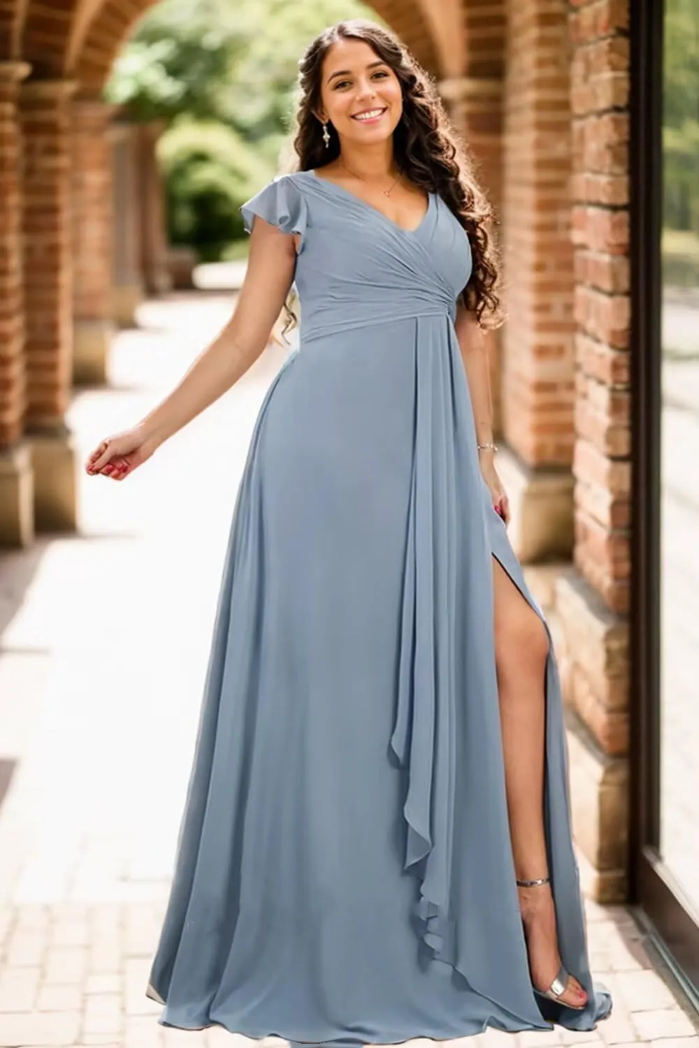 Bridesmaid Dresses for Women with Slit Long A Line Chiffon V Neck Sleeves Bridesmaid Dress for Wedding 2024