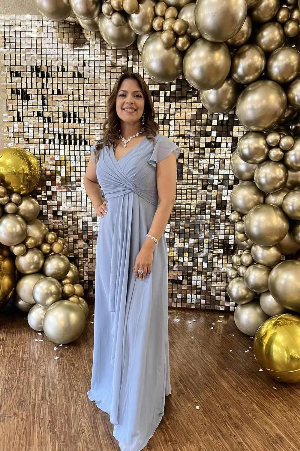 Bridesmaid Dresses for Women with Slit Long A Line Chiffon V Neck Sleeves Bridesmaid Dress for Wedding 2024