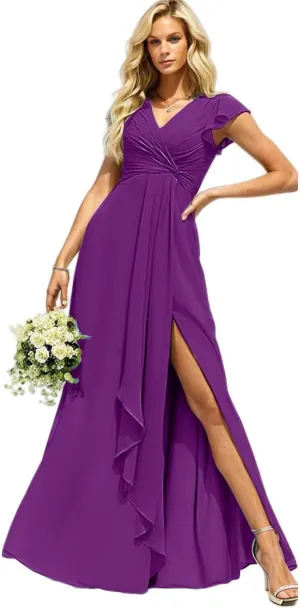 Bridesmaid Dresses for Women with Slit Long A Line Chiffon V Neck Sleeves Bridesmaid Dress for Wedding 2024